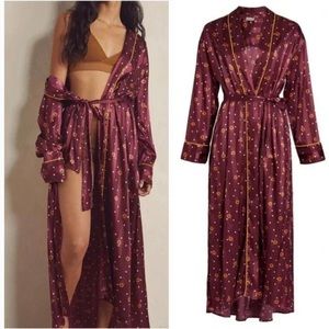 Free People Intimately Pajama Party Robe Wine Combo Long Silky Tie Sash